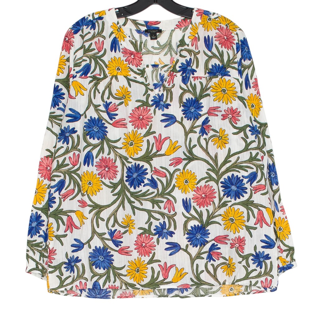 Ann Taylor Floral Top Cottagecore Spring Boho Artsy Lightweight Cotton White L